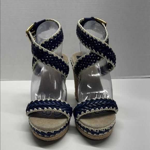 Tory Burch Lilah Wedges Espadrille Sandals High Heel Shoes Brown Navy Blue 8 - Picture 3 of 12